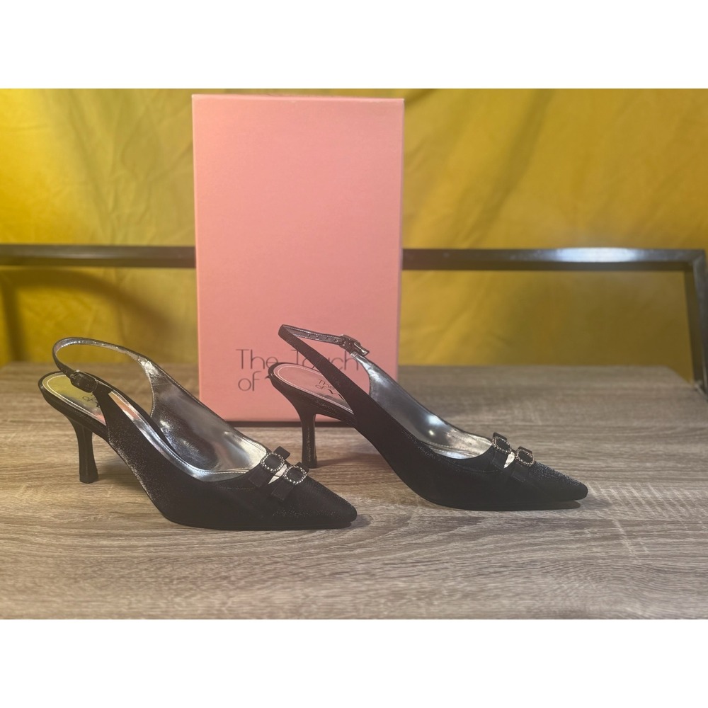 The Touch of Nina Jenice1 Black Shine Rhinestone Slingback Heels 8.5M